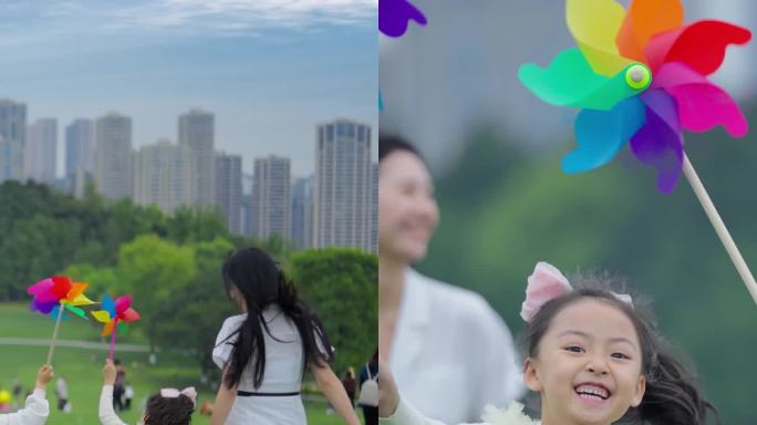 竖屏  一家人在公园玩耍亲子生活
