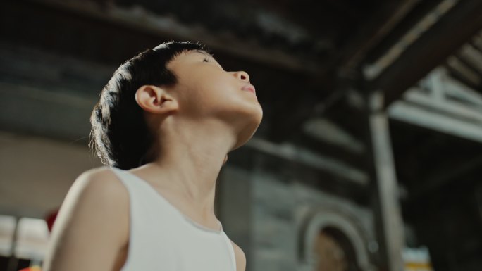 农村小男孩儿童抬头看天上仰望星空