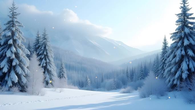 寒冬森林雪山景观4k舞台粒子活动背景