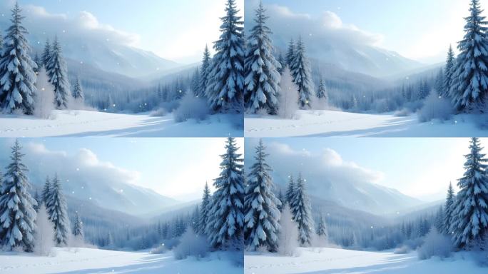 寒冬森林雪山景观4k舞台粒子活动背景