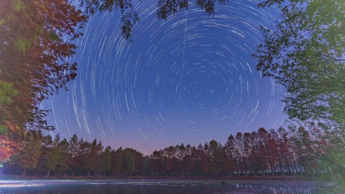 森林湖畔星轨夜空景象 永康大石坎星轨