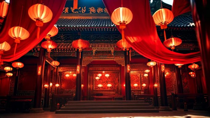 喜庆中国风古代建筑灯笼红布飘动