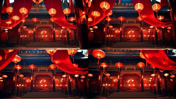 喜庆中国风古代建筑灯笼红布飘动