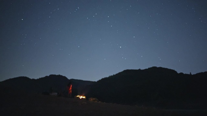 一群人坐在山中的篝火旁，仰望星空。