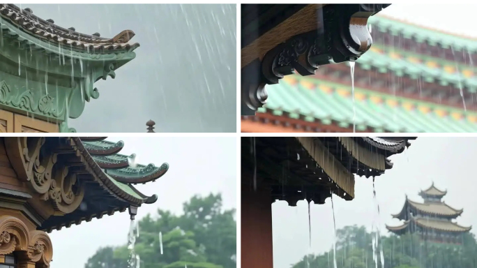 古建筑屋檐下雨天雨水雨滴