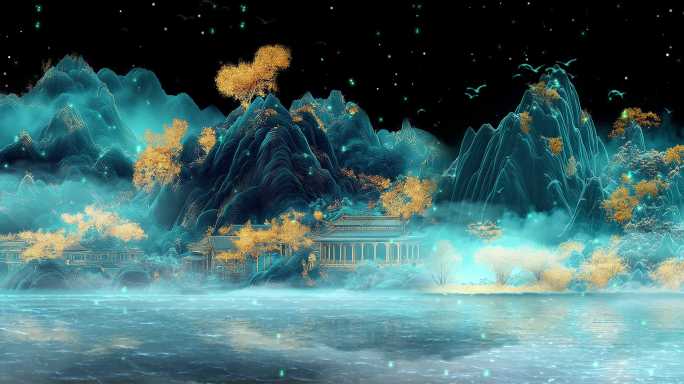 8k宽屏 水墨国风风山水夜景