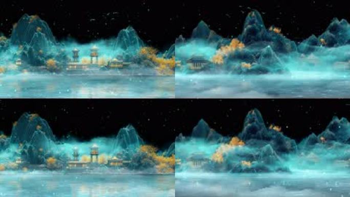 8k宽屏 水墨国风风山水夜景