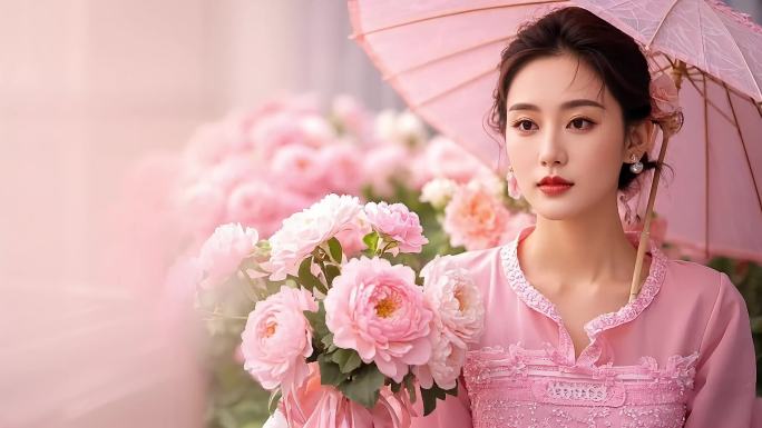 手拿鲜花撑着粉色伞的美女撑伞的美女花朵