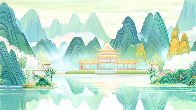 水墨山水意境风光 青山绿水国风画卷 舞台