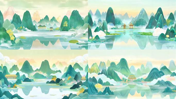 水墨山水意境风光 青山绿水国风画卷 舞台