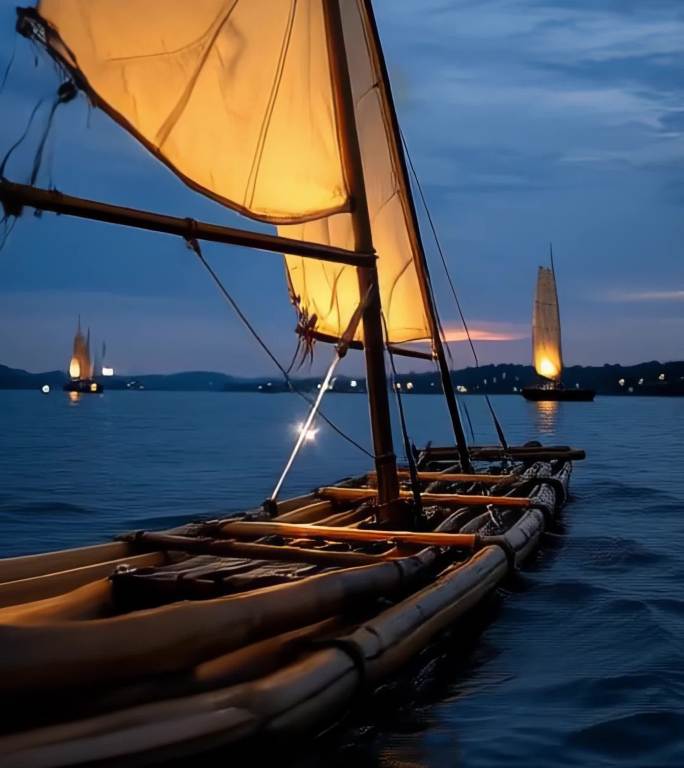 湖面竹筏帆船夜景