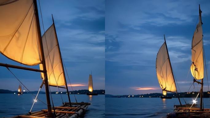 湖面竹筏帆船夜景