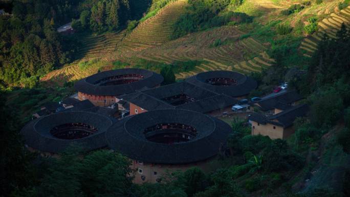 福建土楼日出延时 四菜一汤土楼与梯田风光