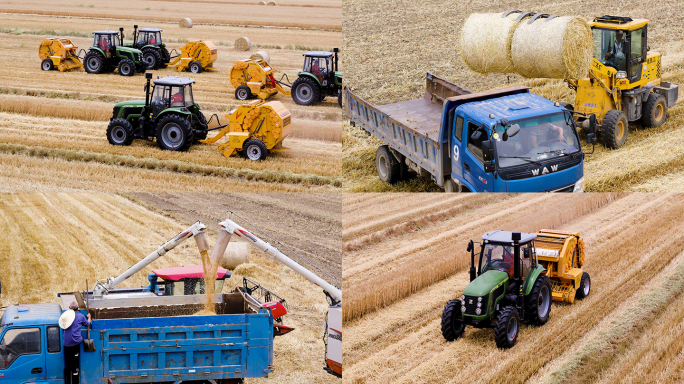 航拍麦田秸秆打捆作业回收综合利用