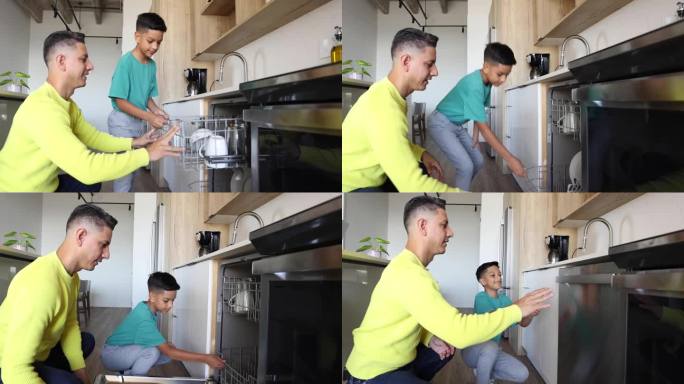 一位拉丁裔父亲和他的小儿子穿着休闲服装，把碗碟放进洗碗机里。