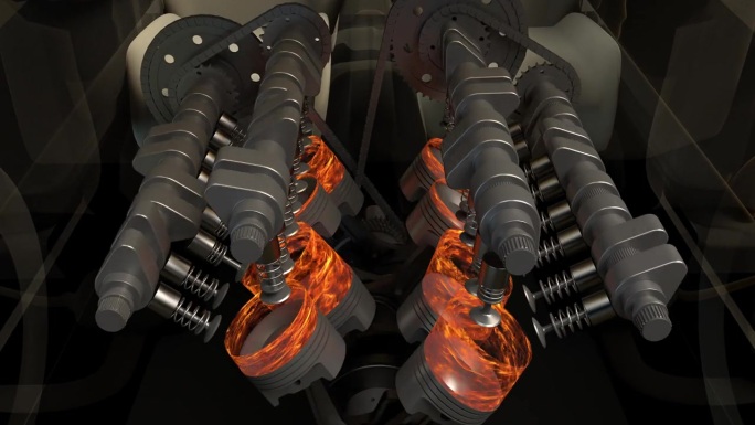 缩放镜头动画展示线框车内的V8发动机工作情况。