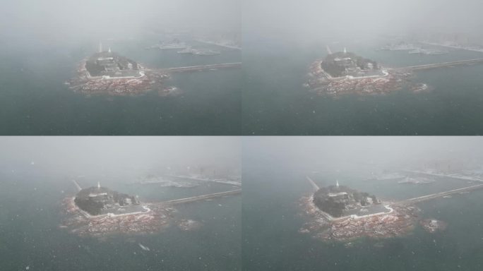 青岛小青岛公园海边雪景航拍