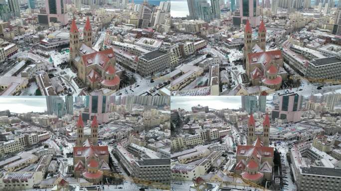 青岛天主教堂雪景航拍