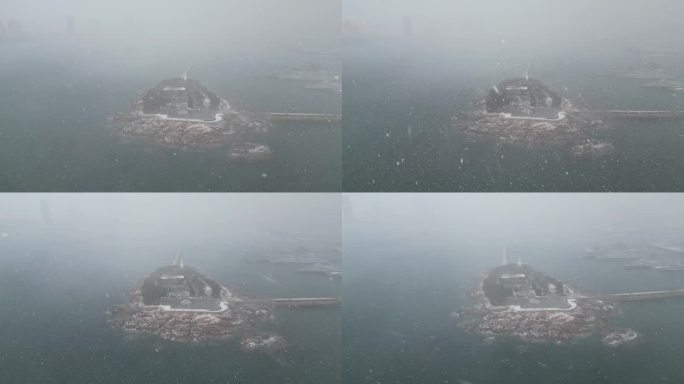 青岛小青岛公园海边雪景航拍