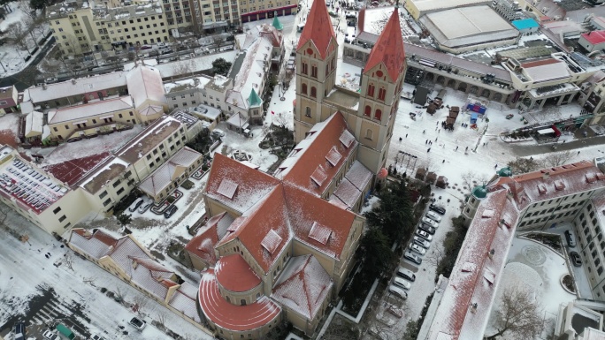 青岛天主教堂雪景航拍