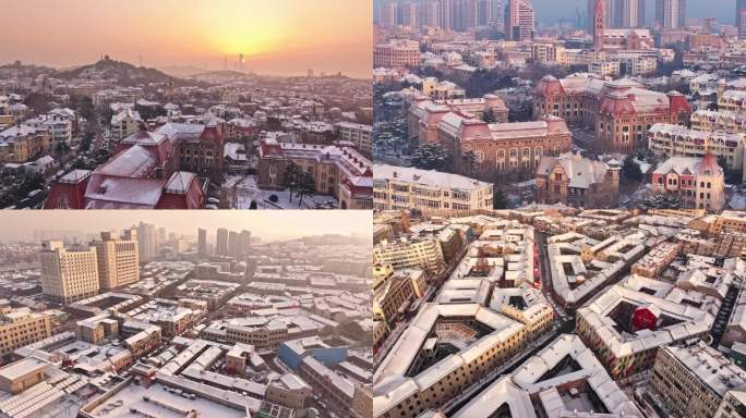 雪后青岛城市风光航拍
