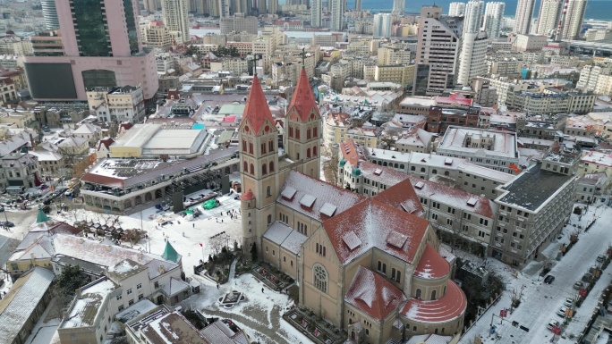青岛天主教堂雪景航拍