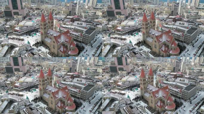 青岛天主教堂雪景航拍