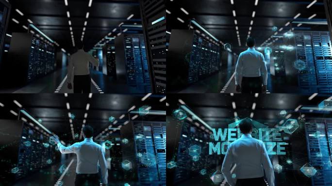网站变现。IT管理员激活现代数据中心服务器，配有全息图。