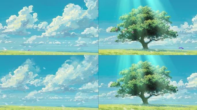 【8K】卡通阳光下的树与云