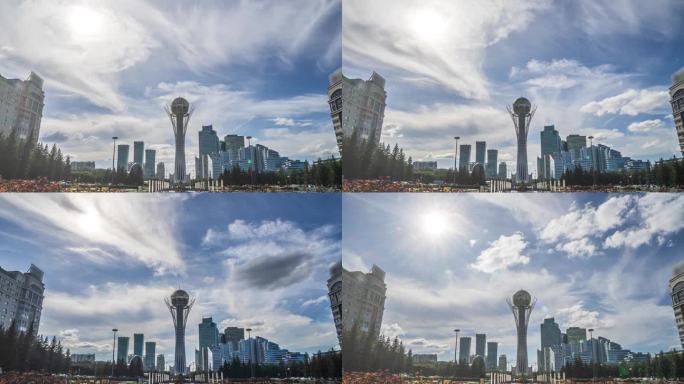 阿斯塔纳中央广场，背景是蓝天白云下的拜特列克观景塔。延时摄影视频。