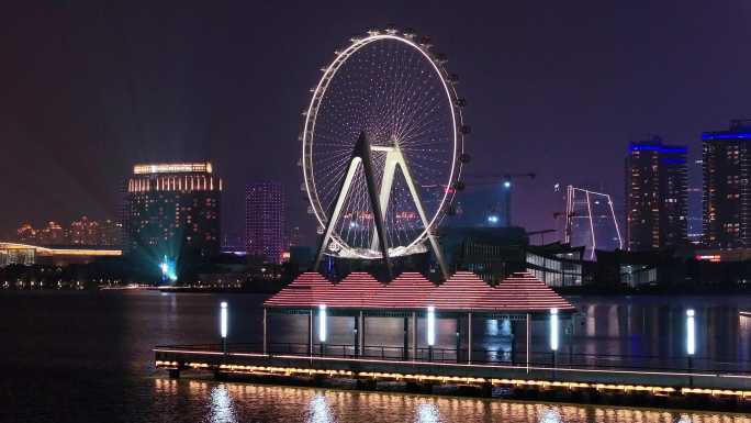 航拍苏州金鸡湖摩天轮亮灯夜景