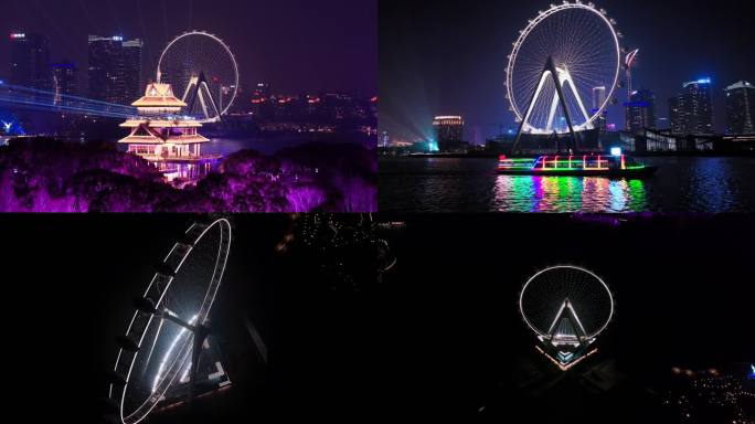 航拍苏州金鸡湖摩天轮亮灯夜景