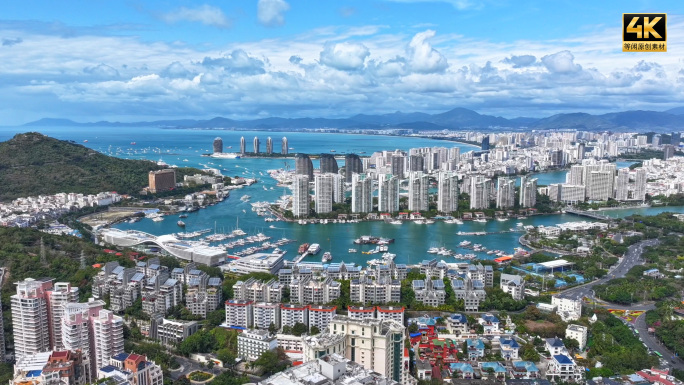 三亚城市海岸风光凤凰岛航拍延时