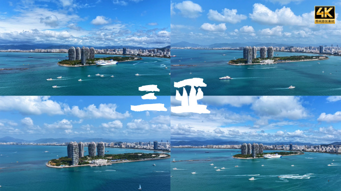 三亚城市海岸风光凤凰岛航拍延时