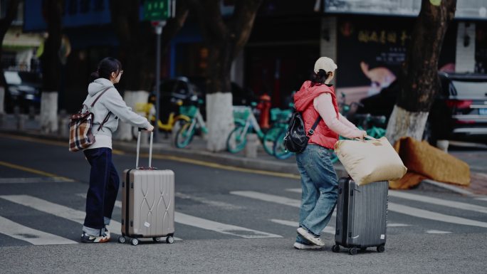 推着行李箱回家赶路坐车过斑马线