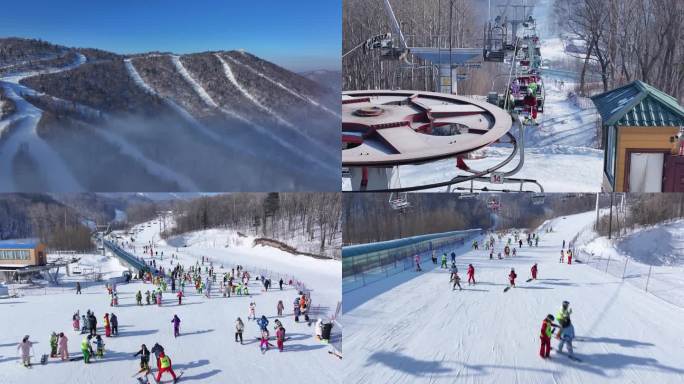 4K 亚布力滑雪场航拍雪道缆车滑雪游玩