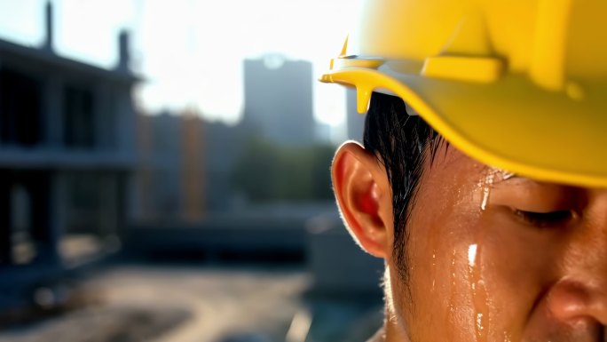 戴黄色安全帽的工人特写   汗水流下