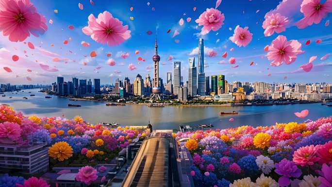 大气唯美的上海地标建筑开花万物开花