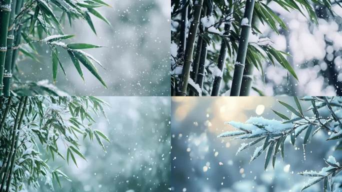 冬季雪花竹林雪景竹叶