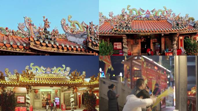 潮州青龙古庙香火潮汕嵌瓷日出夜景延时航拍