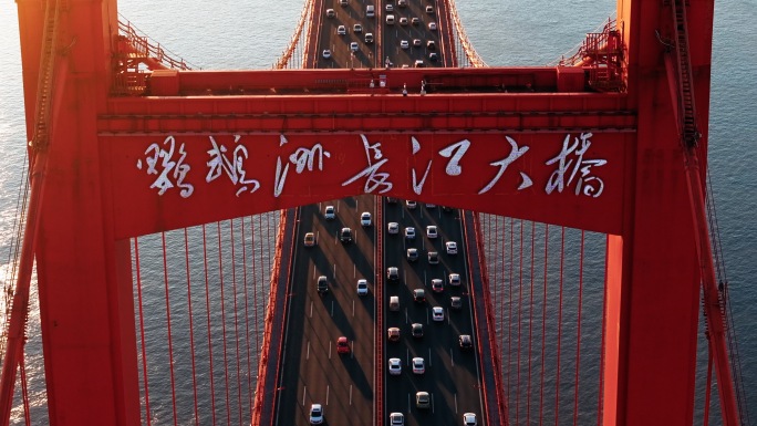 武汉鹦鹉洲长江大桥 城市天际线的红色桥梁