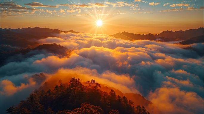 黄山迎客松日出云海风景航拍宣传片ai素材