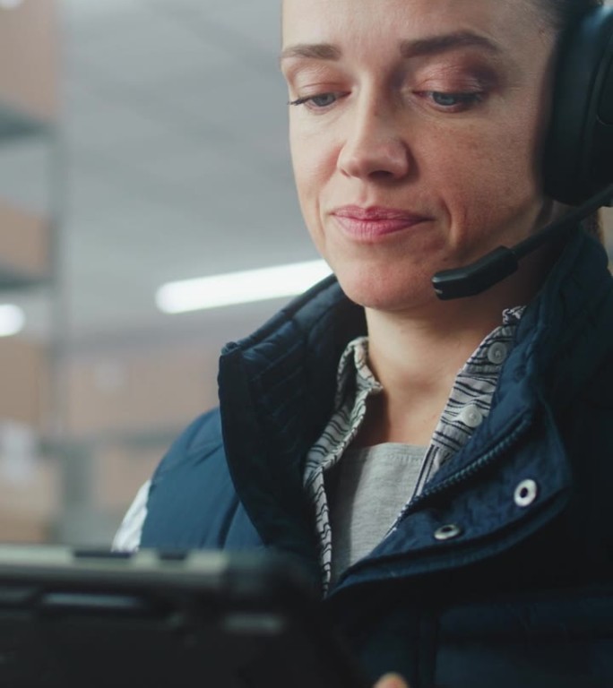 女性物流协调员佩戴耳机与客户交谈，使用平板电脑在仓库内工作。