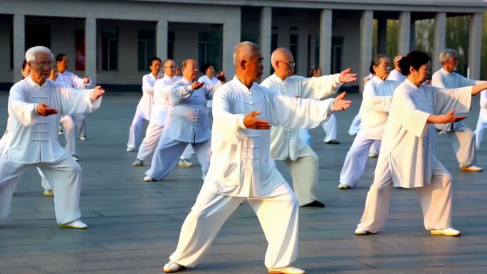老年人广场集体打太极拳