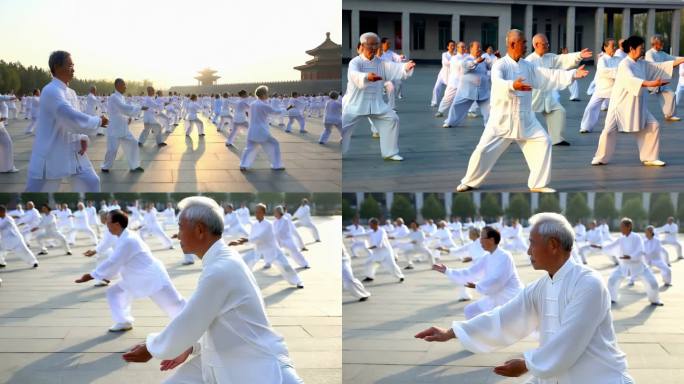 老年人广场集体打太极拳