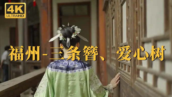 福建福州三条簪当地特色风景爱心树4k高清