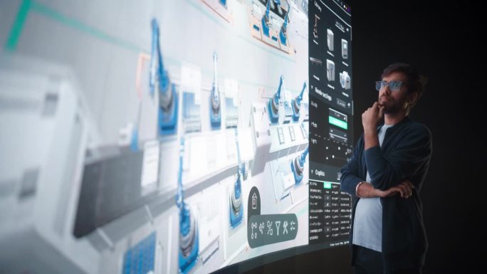 年轻印度男子在大屏幕上查看工业工厂平面图，图中有机械手臂。自动化输送线被操控和组织，展示了一种可视化