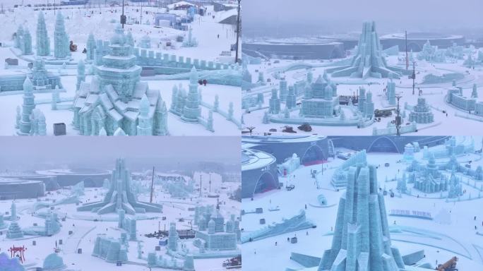 4K 航拍第26冰雪大世界下雪中景近景