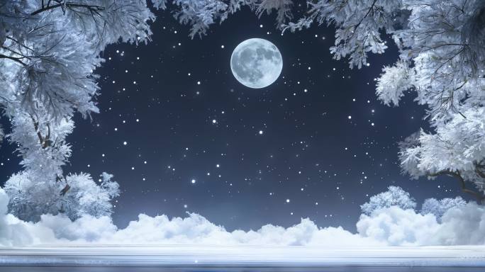 月夜雪景树木星空  冬夜 唯美意境