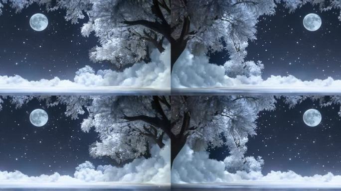 月夜雪景树木星空  冬夜 唯美意境